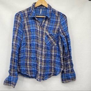 Free People Blue/Gray Button Down Collared Plaid Shirt Size Small